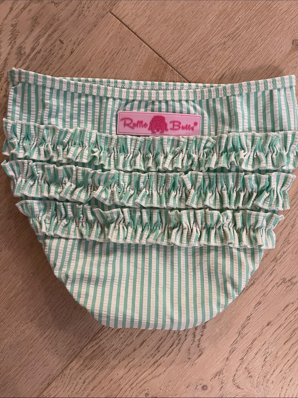 Ruffle Butts Mint and White Striped Ruffle Swim Bottom Size 8